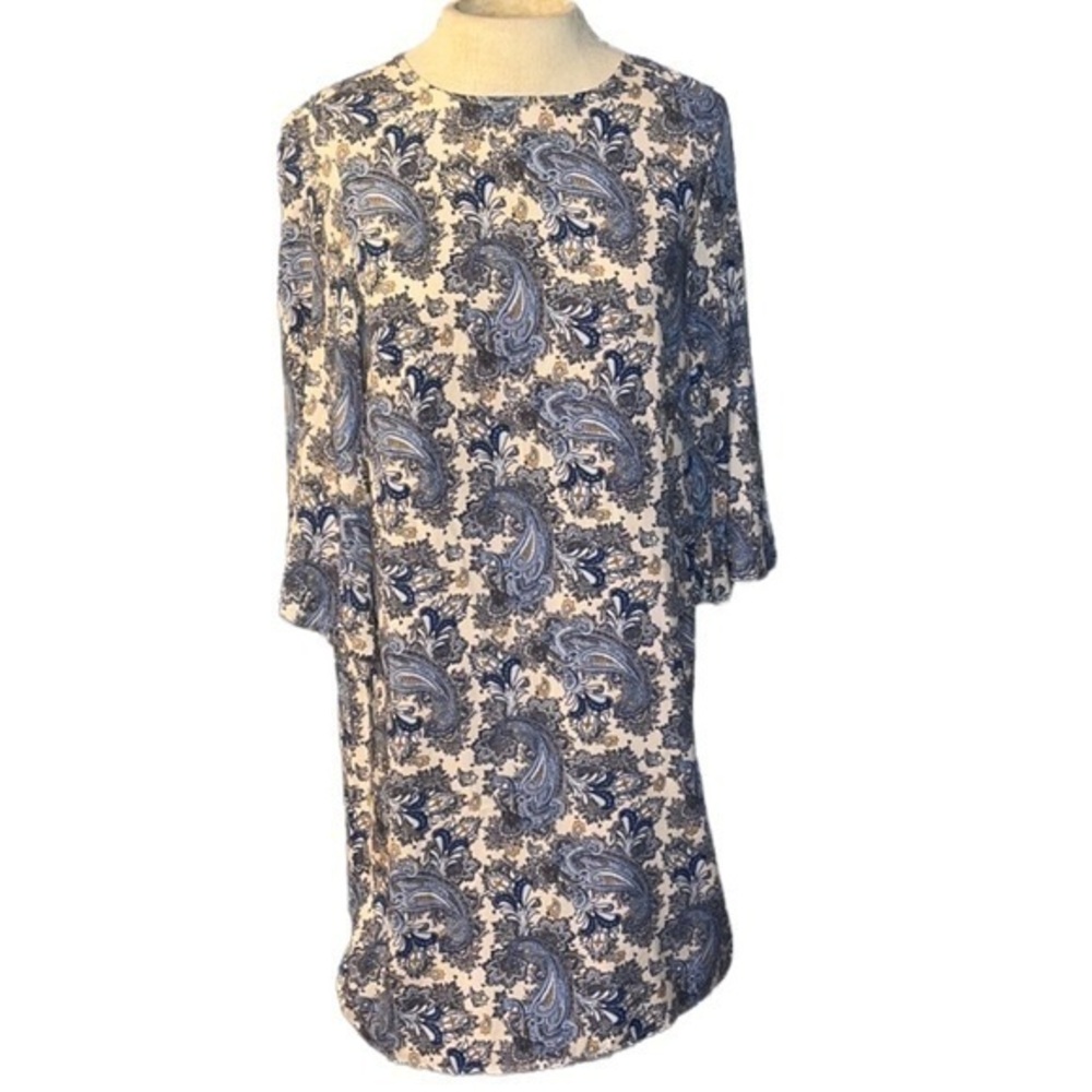 H&M dress tunic paisley print blue/white, womens size 2, 1/4 sleeves